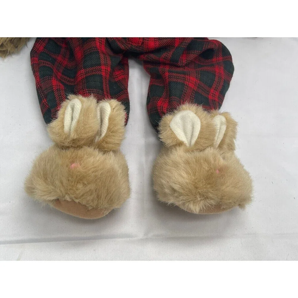 Vintage Teddy Bear in Plaid PJ bunny slippers sleeping cap red Stuffed Animal